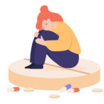 la reikiologie pour lutte contre la déprime passagère Sad woman sitting on huge pill flat vector illustration