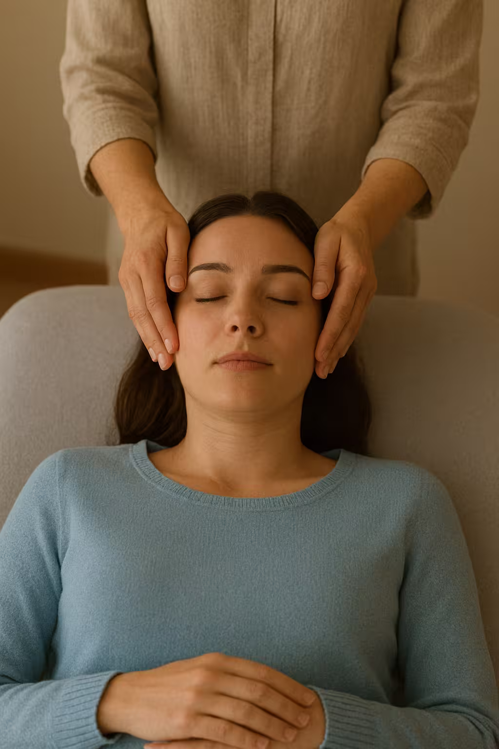 femme habillée allongée sur le dos sur une table de massage en train de recevoir une séance de reiki